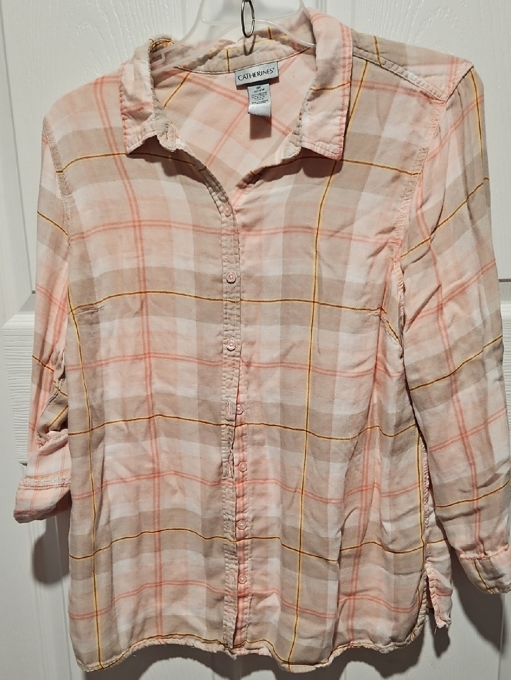 Catherines Peach and Cream Plaid Button-Down Shirt